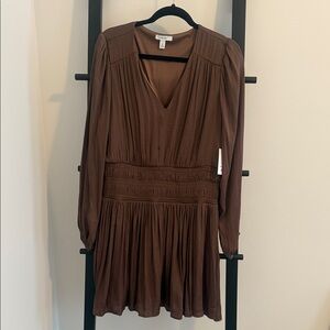 Nine West Chocolate Brown Long Sleeve Smocked Waist Dress